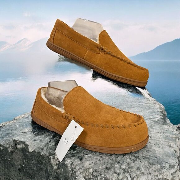 Lands' End Men's Moccasin Slippers Size 13D English Tan Suede Faux Fur Lining - Picture 1 of 14